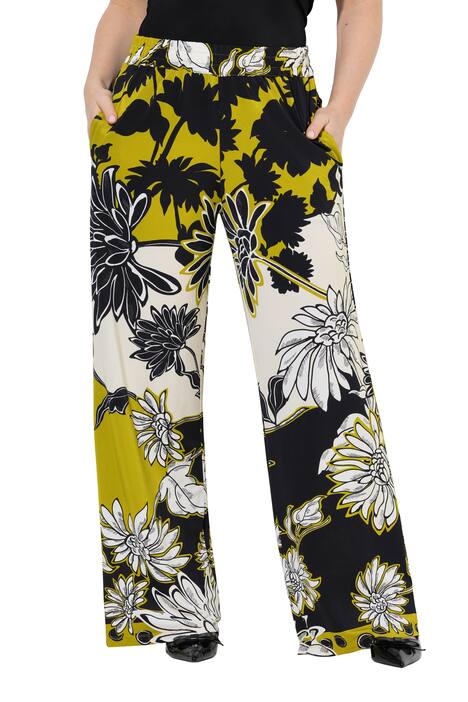 Splývavé piqué kalhoty, květinový vzor, široké nohavice, elastický pas