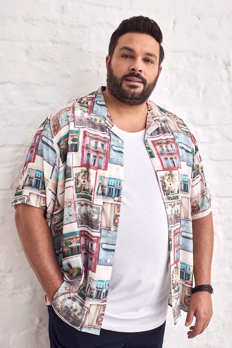 Viskose-Hemd, Halbarm, Alloverprint, Cubakragen, Cuba Fit, bis 8 XL