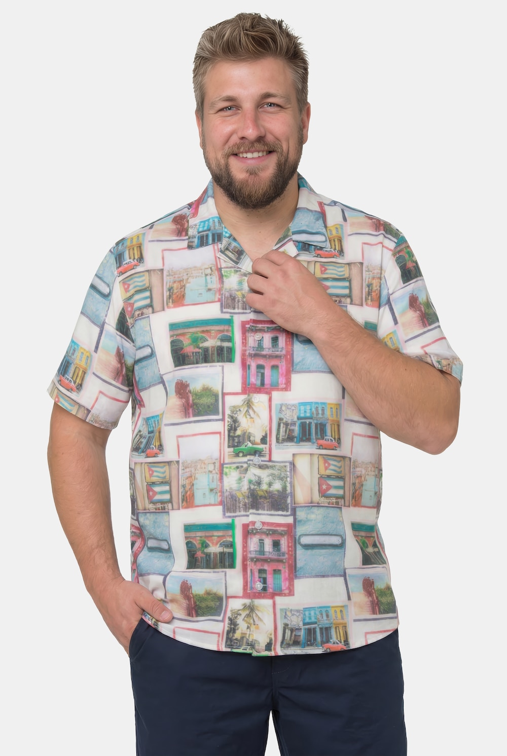 Men+ Viskose-Hemd, Halbarm, Alloverprint, Cubakragen, Cuba Fit, bis 8 XL