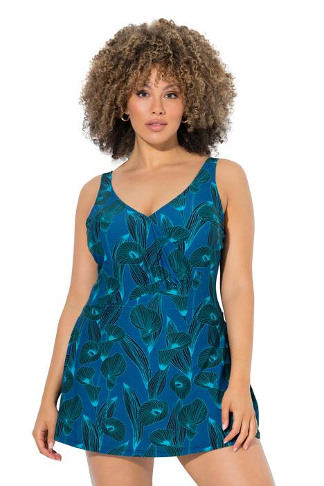 Plavkové šaty, květy, měkké košíčky, výstřih do V