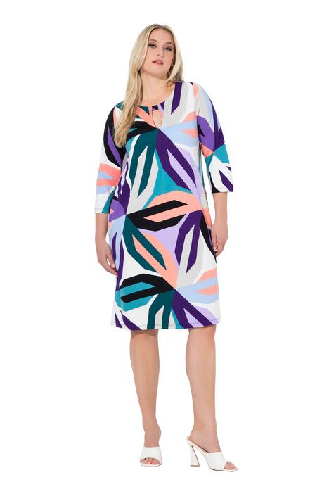 Punto šaty, grafický potisk květů, kulatý výstřih, 3/4 rukávy