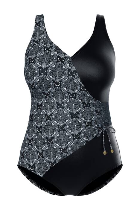 Plavky, zavinovací vzhled, měkké košíčky, ozdobná spona, recyklovaný materiál