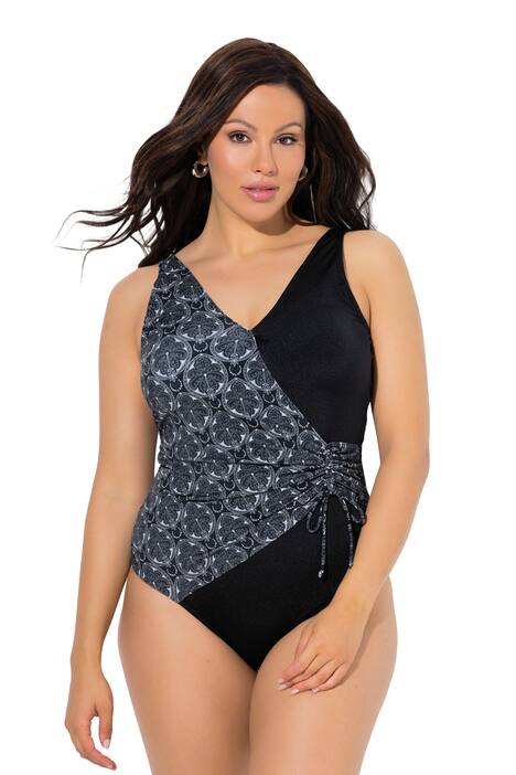 Plavky, zavinovací vzhled, měkké košíčky, ozdobná spona, recyklovaný materiál