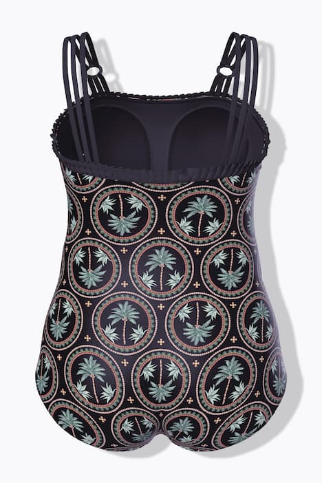 Maillot de bain avec bonnets souples, motif palmieres, décolleté rond et matière recyclée