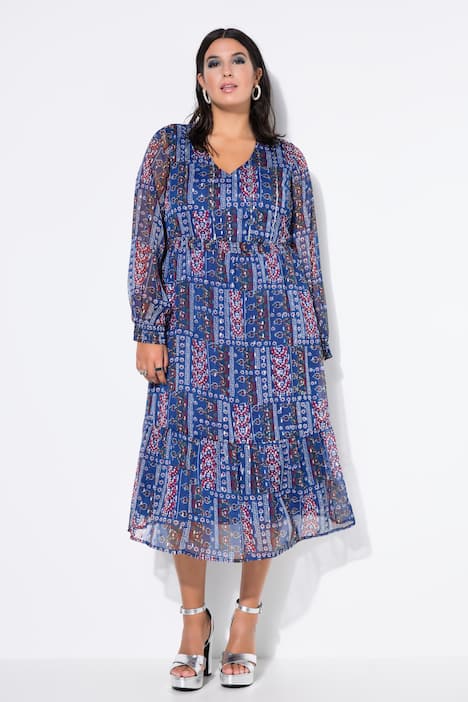 Chiffon-Midikleid, Patchprint mit Glitzer, Saumvolant