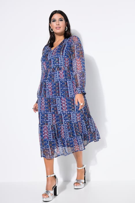 Chiffon-Midikleid, Patchprint mit Glitzer, Saumvolant