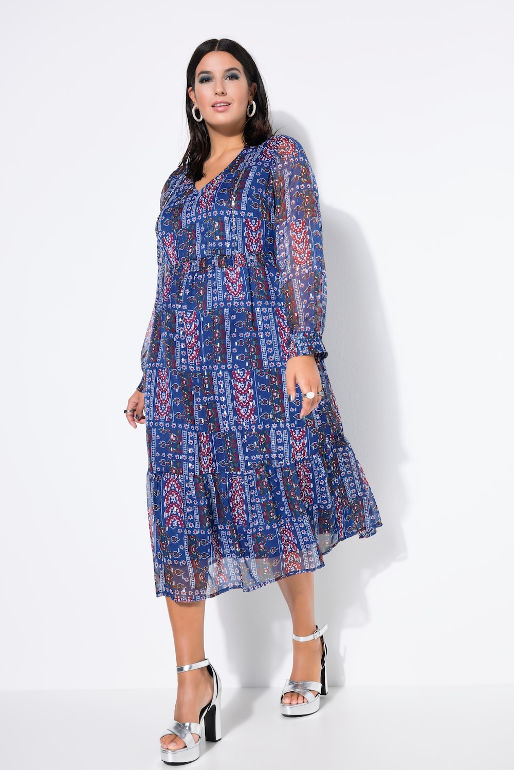 Chiffon-Midikleid, Patchprint mit Glitzer, Saumvolant