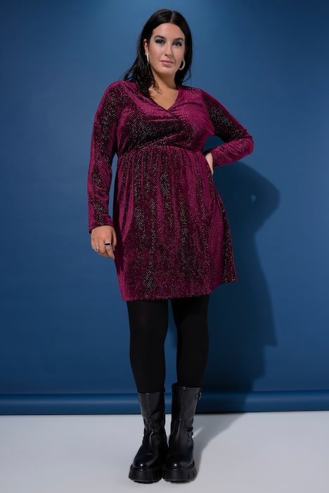 Samtkleid, A-Line, Glitzereffekt, Wickeloptik, Langarm