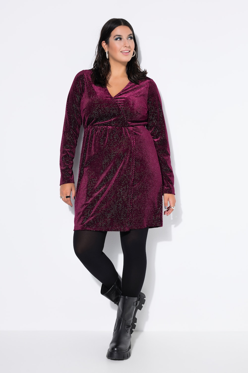 Samtkleid, A-Line, Glitzereffekt, Wickeloptik, Langarm