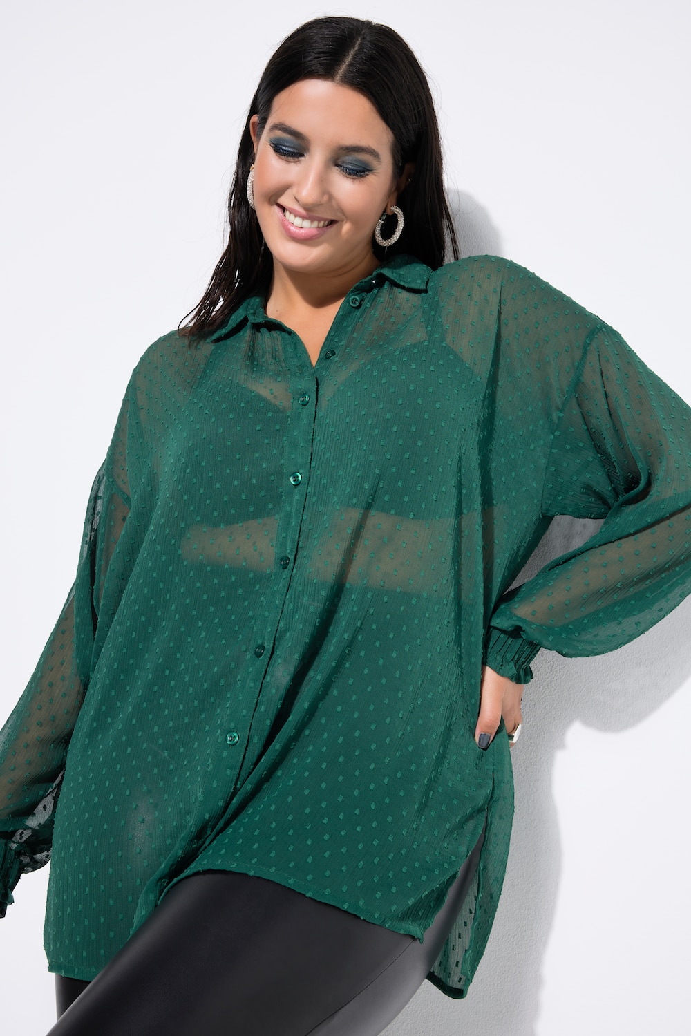 Bluse, oversized, chiffon med struktur, langermet