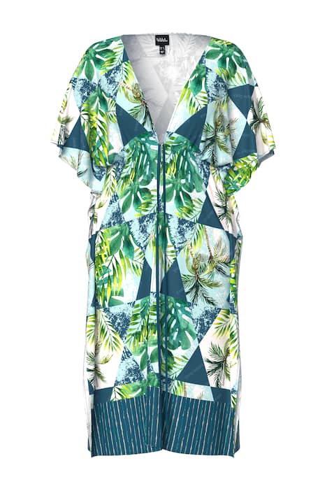 Kaftan, palmy, výstřih do V, krátké rukávy