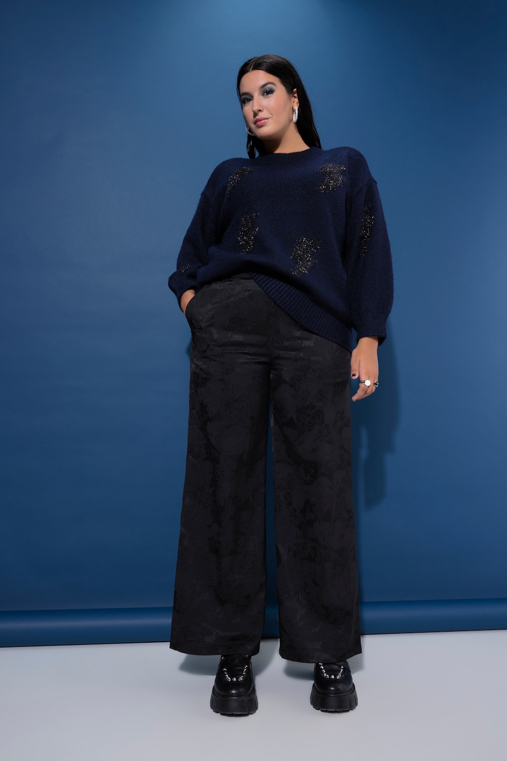 Hose, Wide Legs, floraler Jacquard-Krepp, Elastikbund