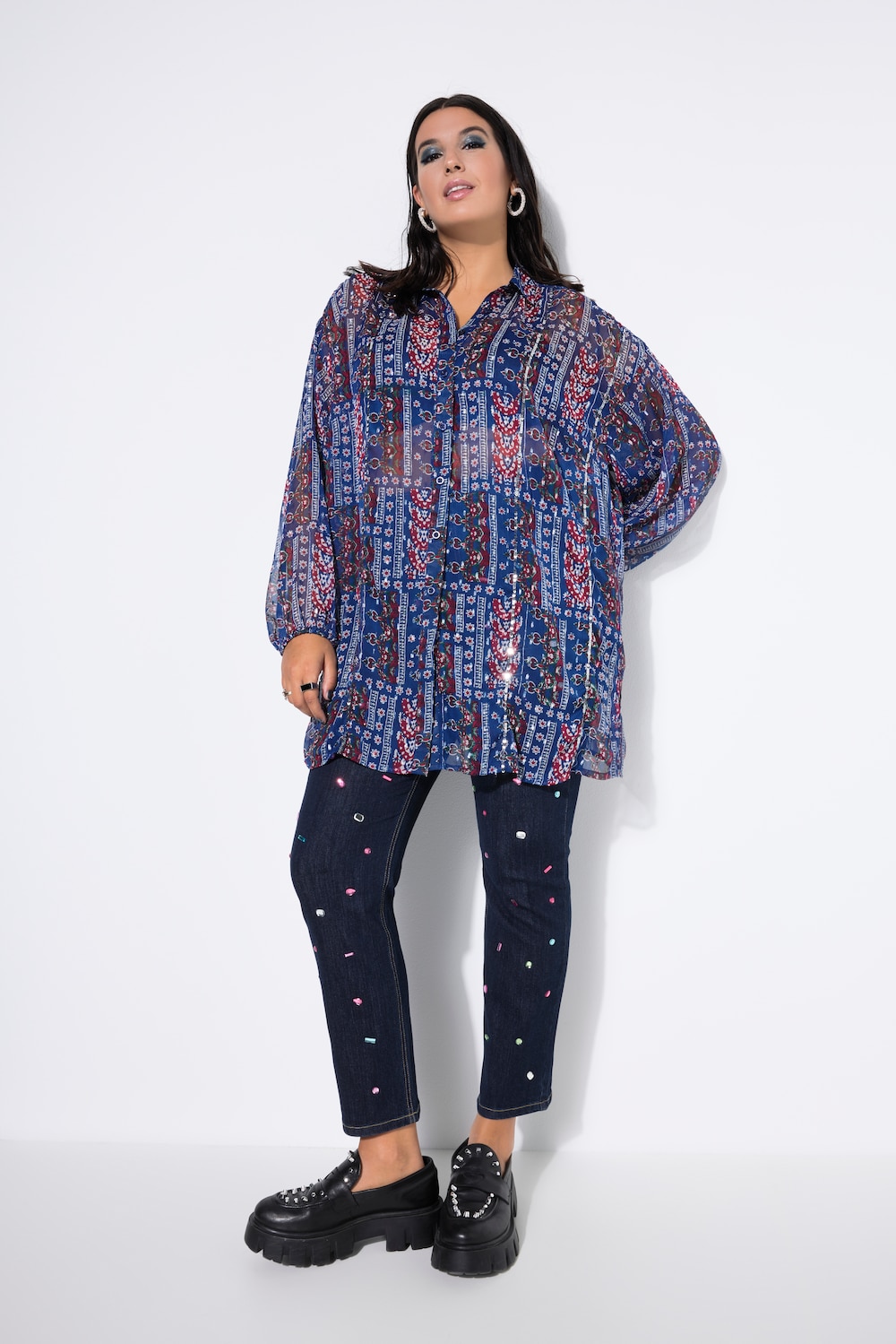 Chiffon-Bluse, Loose Shape, Patchprint, Ballon-Langarm