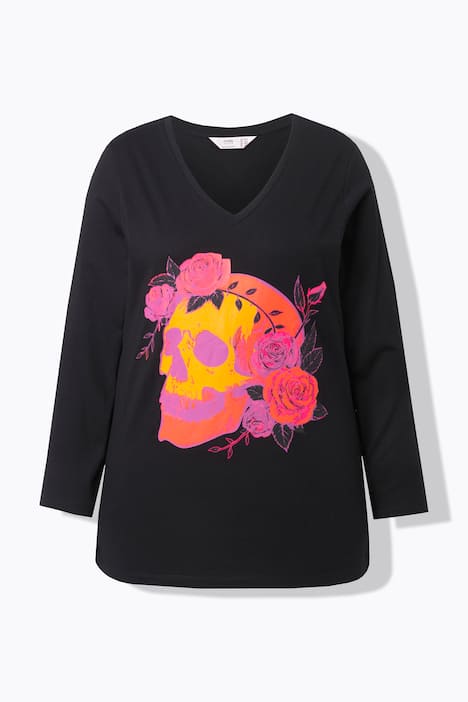 T-Shirt, Totenkopf mit Rosen, Langarm