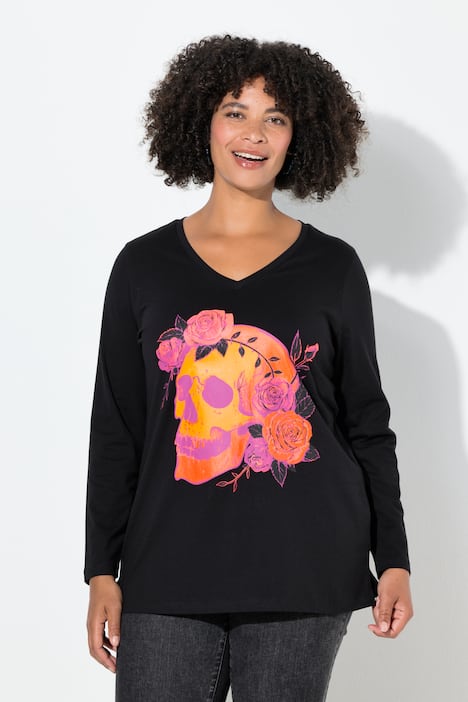 T-Shirt, Totenkopf mit Rosen, Langarm