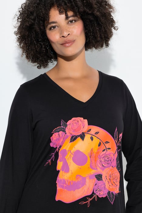 T-Shirt, Totenkopf mit Rosen, Langarm