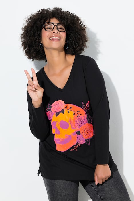 T-Shirt, Totenkopf mit Rosen, Langarm