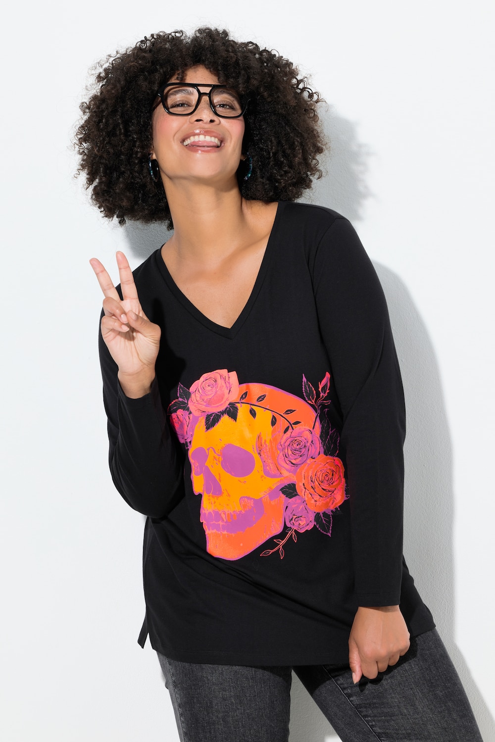 T-Shirt, Totenkopf mit Rosen, Langarm