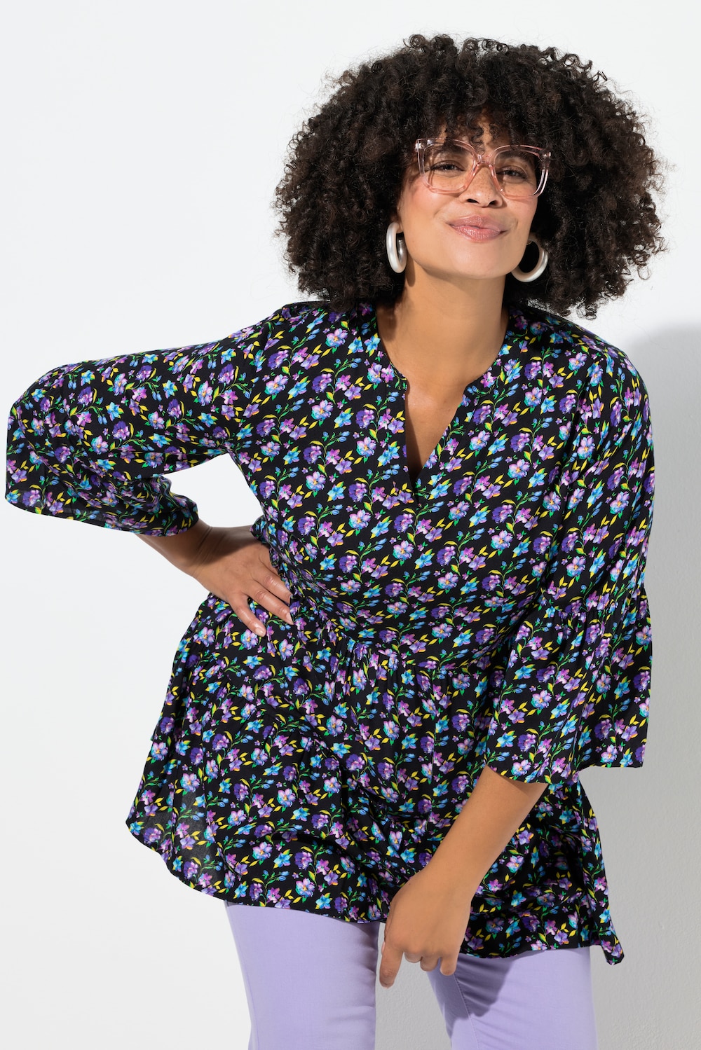 Bluse, bequeme Passform, Blümchen, Volants