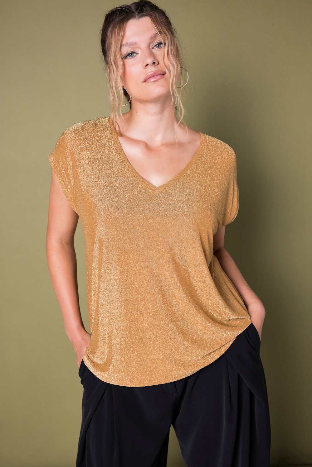 Top, Glitzer-Jersey, V-Ausschnitt