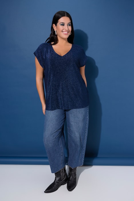 Top, Glitzer-Jersey, V-Ausschnitt