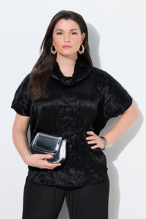 Acetat-Bluse, Crash-Struktur, Oversized, Stehkragen, Halbarm