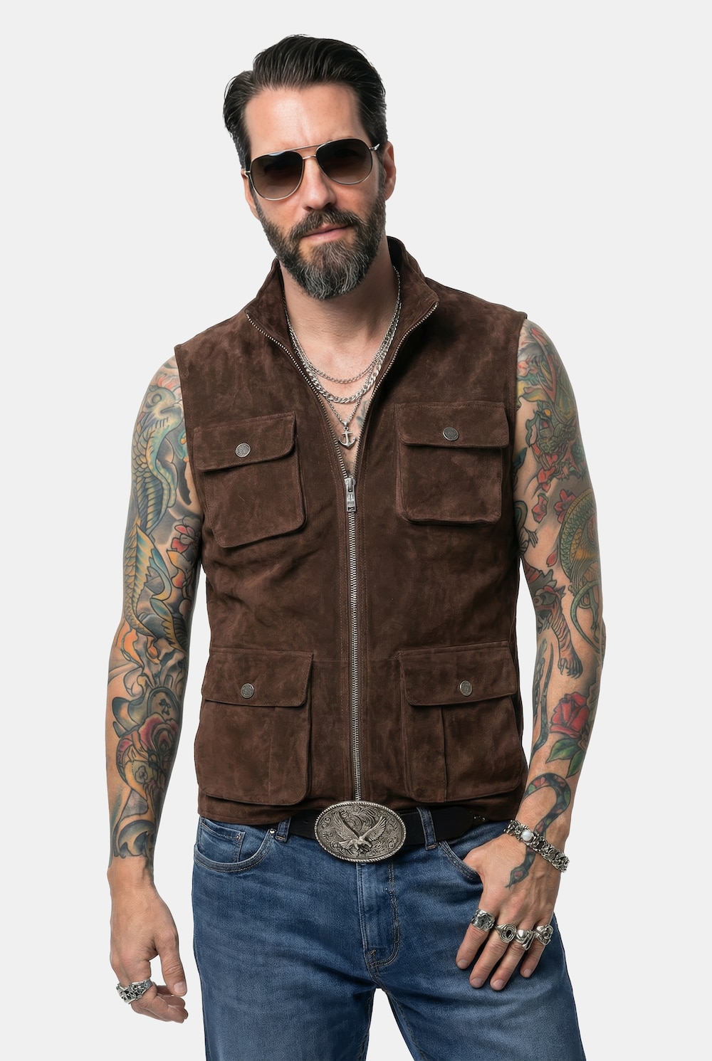 JP1880 Lederweste, Leder, kerniges Pig-Split Veloursleder, Stehkragen, bis 7 XL