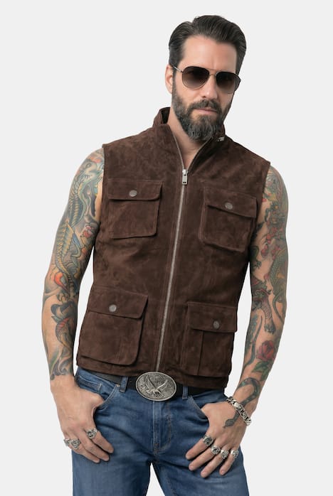 JP1880 Lederweste, Leder, kerniges Pig-Split Veloursleder, Stehkragen, bis 7 XL