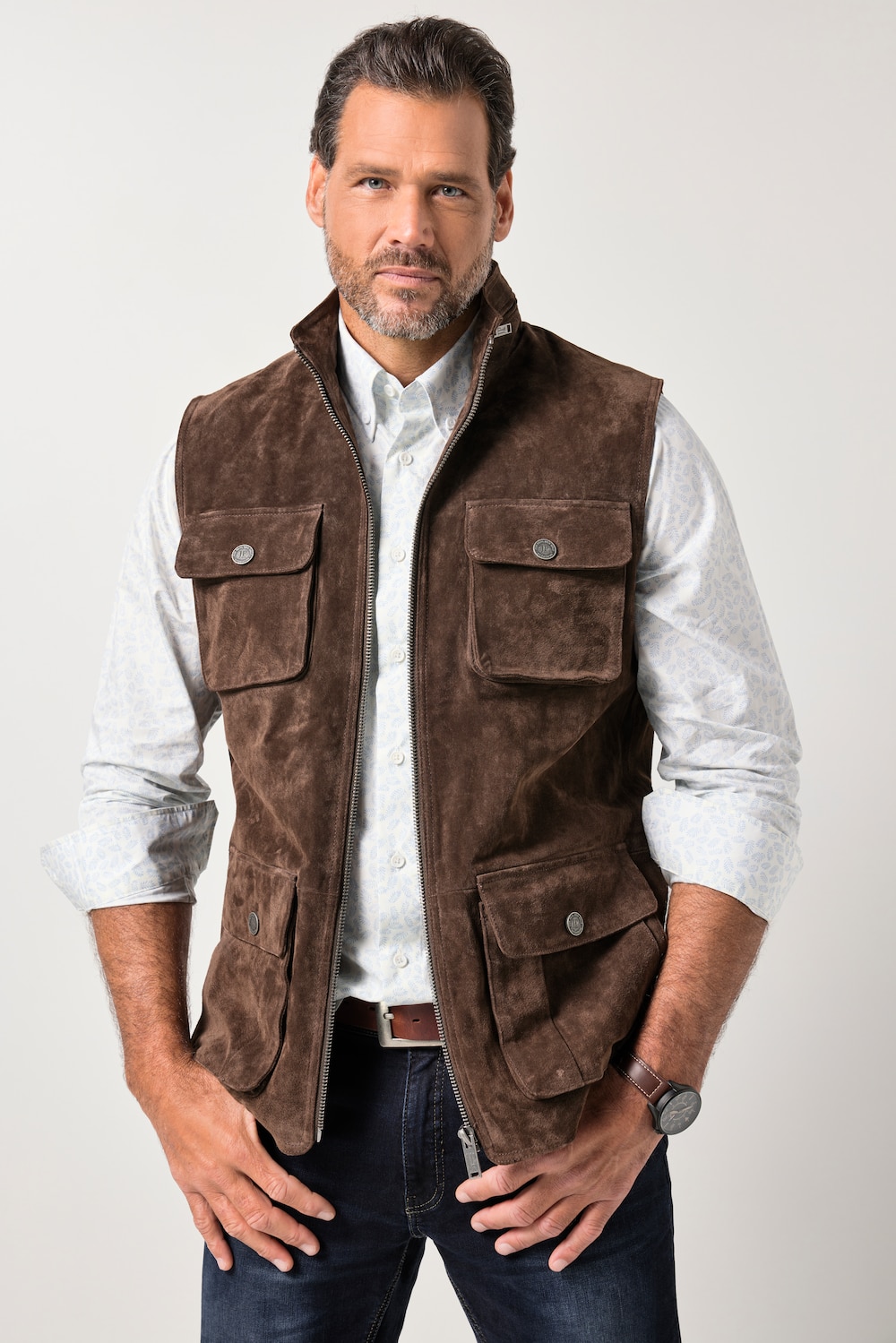 JP1880 leren gilet, leer, stevig pigsplit suède, opstaande kraag, tot 7XL