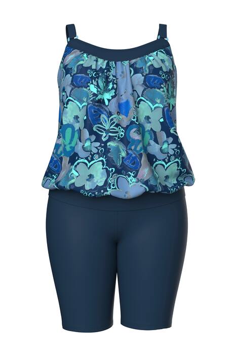 Tankini s cyklistickými šortkami, květinami, měkké košíčky, nastavitelnými ramínky podprsenky