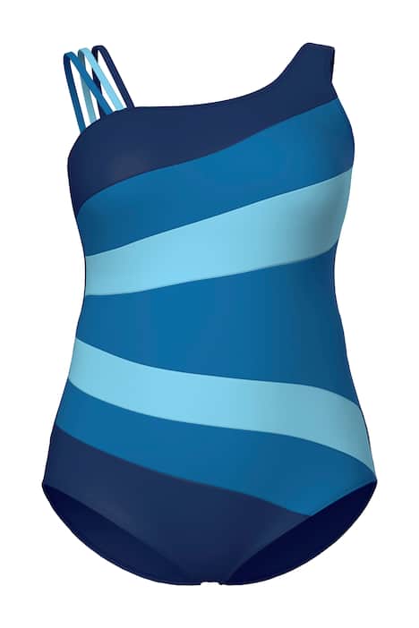 Plavky, barevné bloky, měkké košíčky, kulatý výstřih, recyklovaný materiál