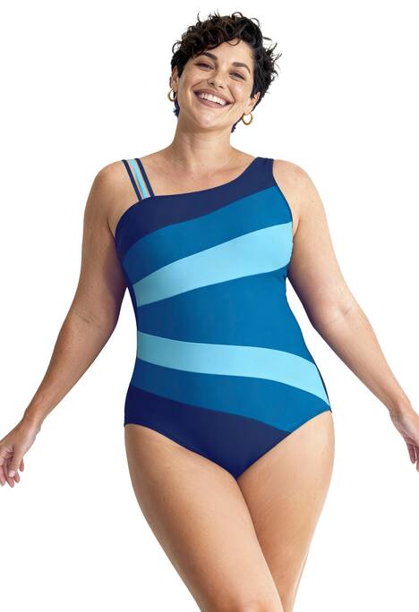 Plavky, barevné bloky, měkké košíčky, kulatý výstřih, recyklovaný materiál