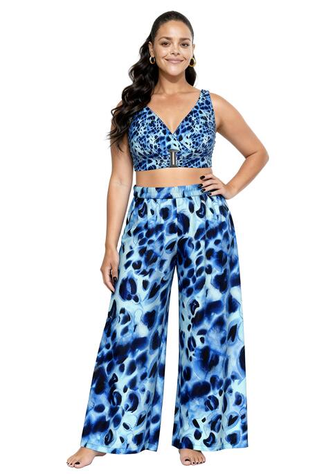 Kalhoty palazzo, zvířecí vzor, široké nohavice, elastický pas