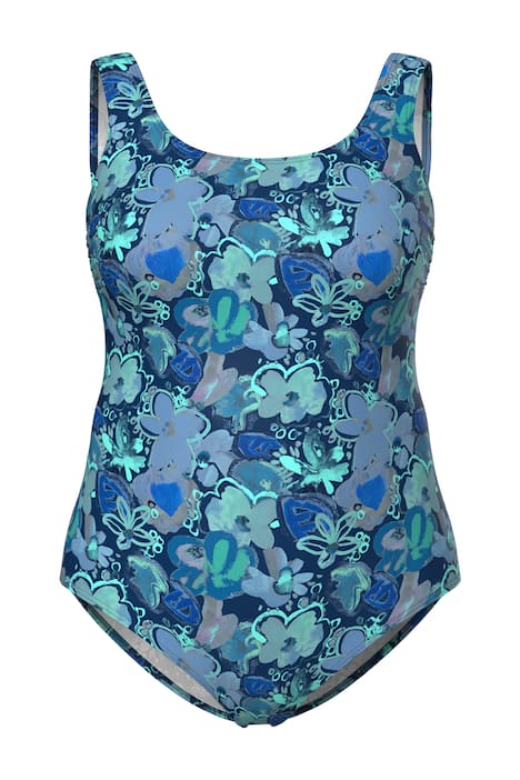 Plavky, květinový vzor, bez měkkých košíčků, kulatý výstřih