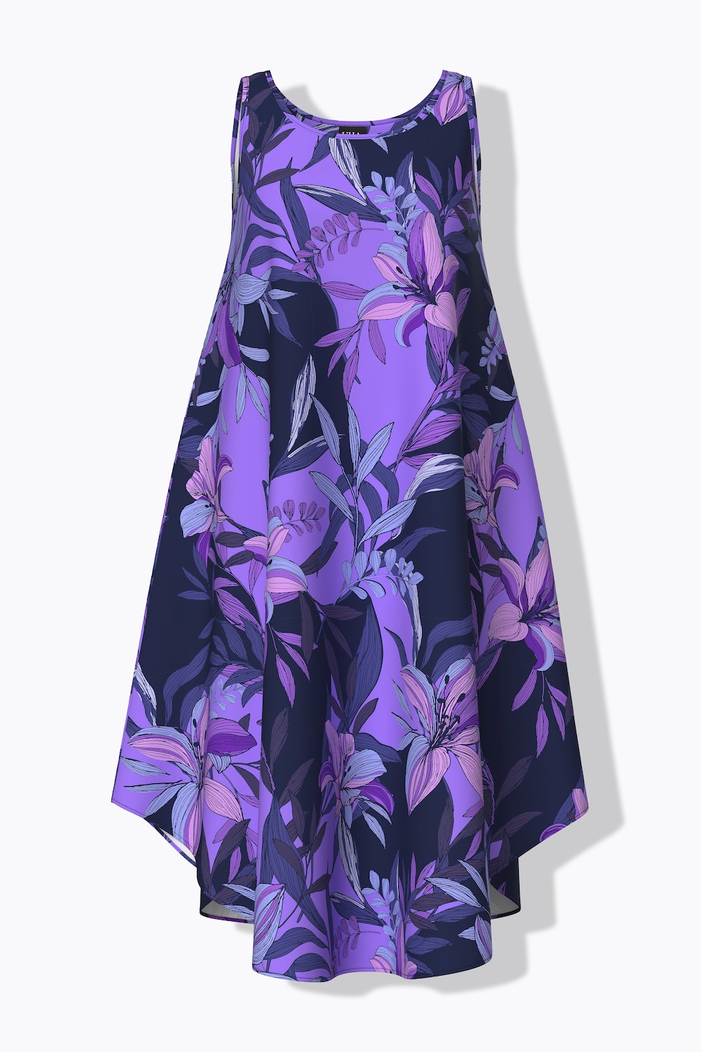 Midikjole, liljemønster, A-linje, rund hals, ermeløs