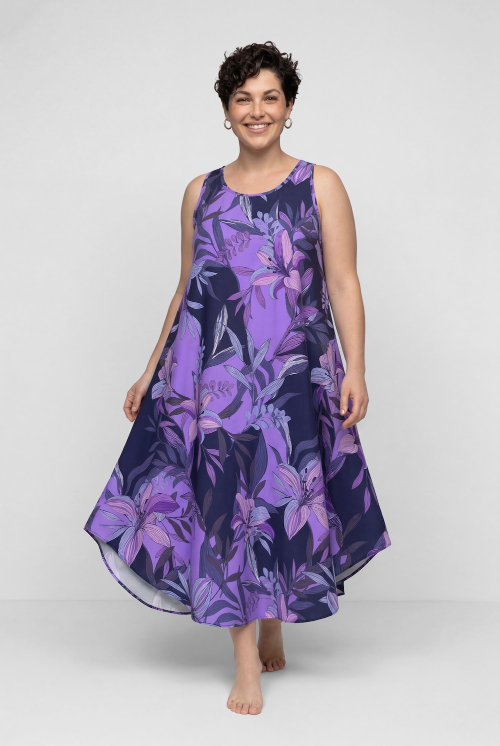 Midikleid, Lilienmuster, A-Linie, Rundhals, ärmellos