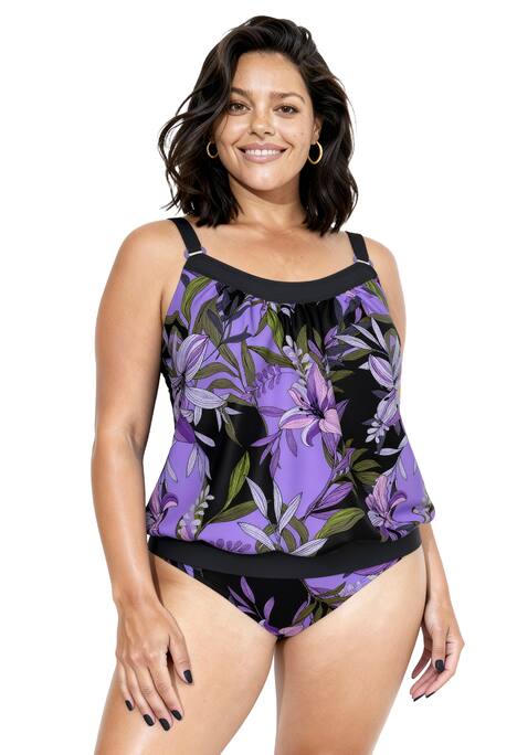 Tankini, lilie, měkké košíčky, elastický lem, nastavitelná ramínka