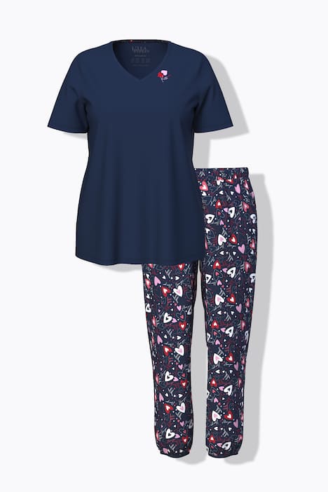 Pyjamas, hjerter, V-udskæring, korte ærmer
