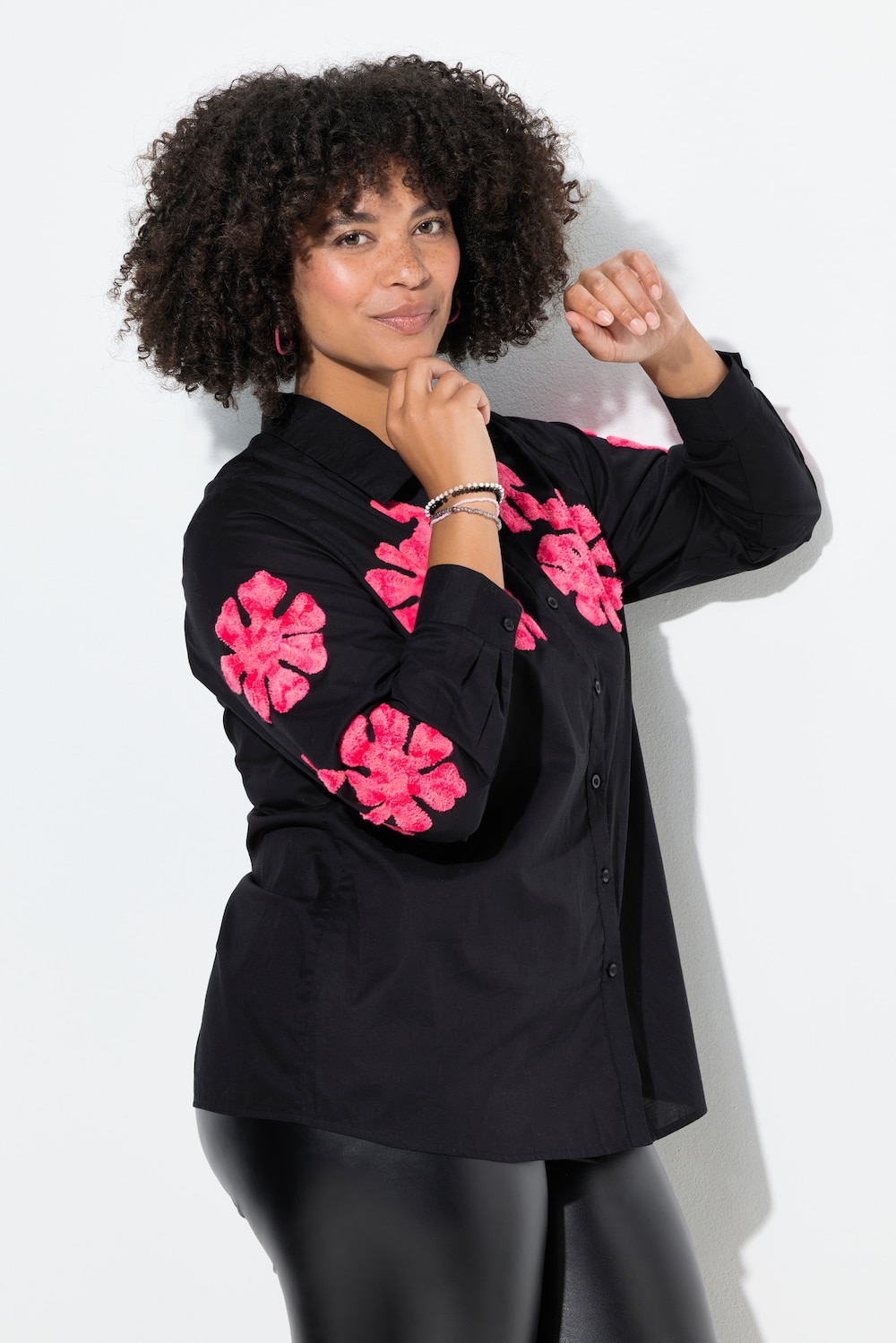 Overhemdblouse, A-lijn, bloemenborduursel, lange mouw