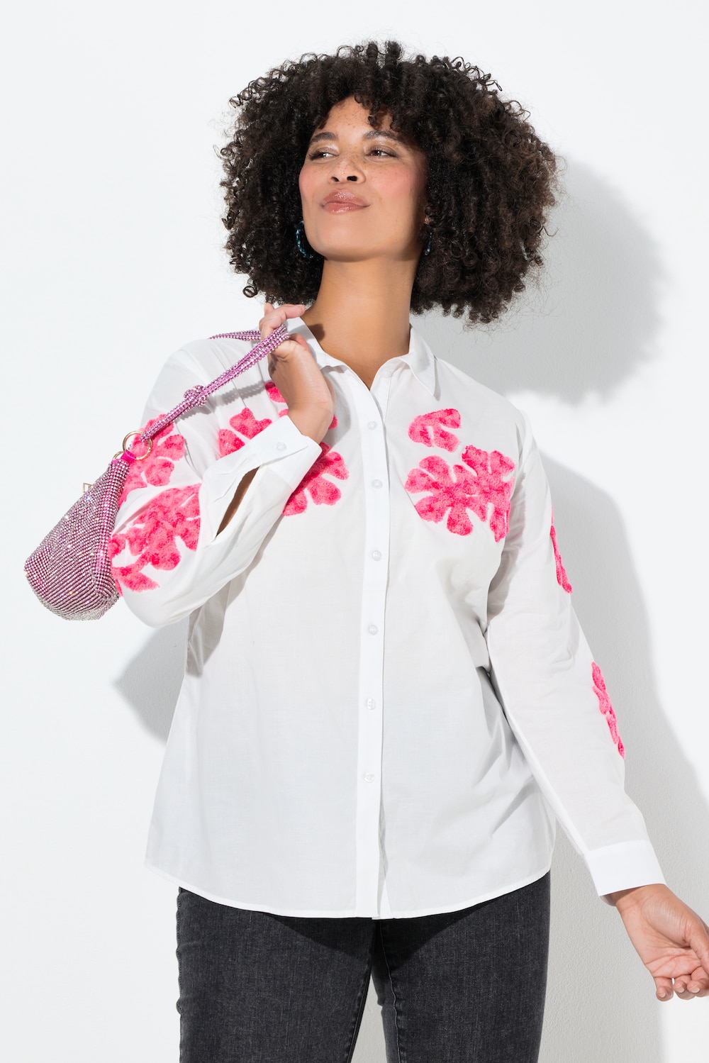 Overhemdblouse, A-lijn, bloemenborduursel, lange mouw