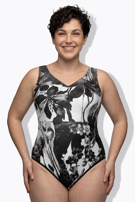 Badeanzug, Glitzerkante, ohne Softcups, V-Ausschnitt