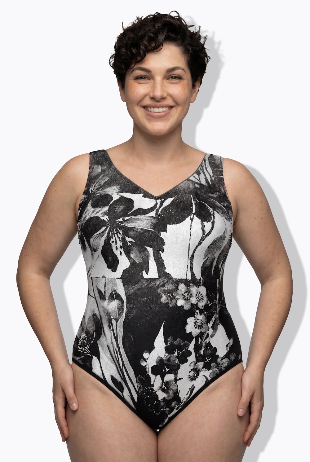 Badeanzug, Glitzerkante, ohne Softcups, V-Ausschnitt