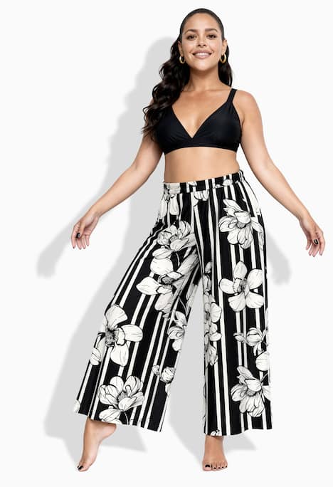 Palazzohose, Blumenstreifen, weites Bein, Elastikbund