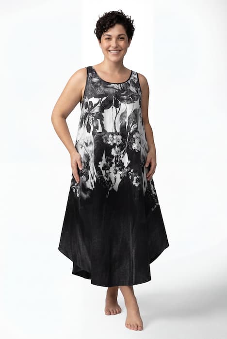 Midikleid, Blüten, A-Linie, Rundhals, ärmellos