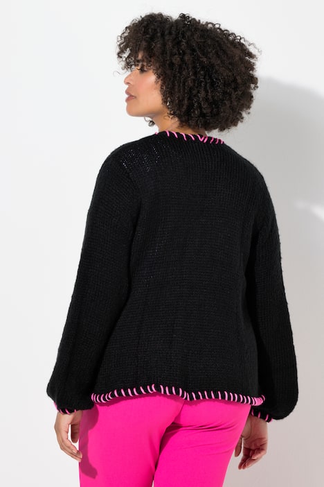 Strickjacke, Straight Fit, Zierkanten, Ballonärmel