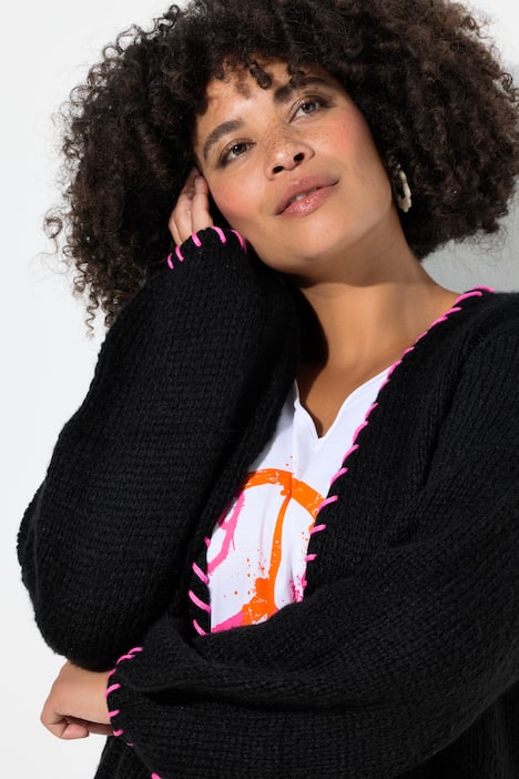 Strickjacke, Straight Fit, Zierkanten, Ballonärmel