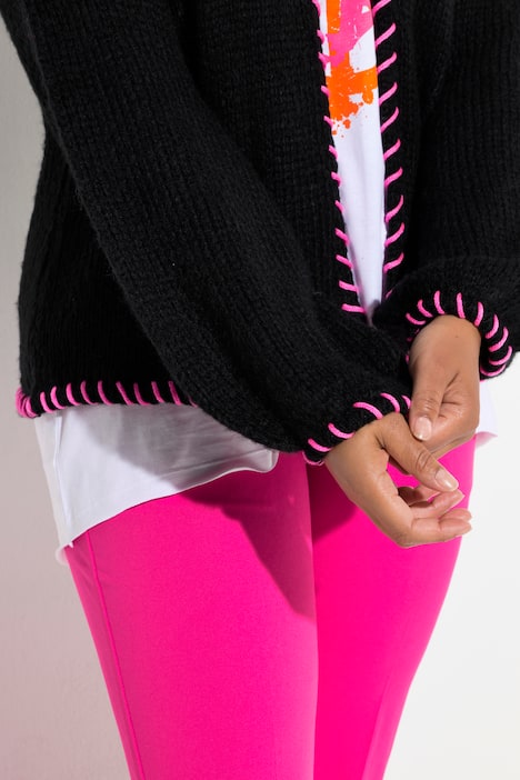 Strickjacke, Straight Fit, Zierkanten, Ballonärmel