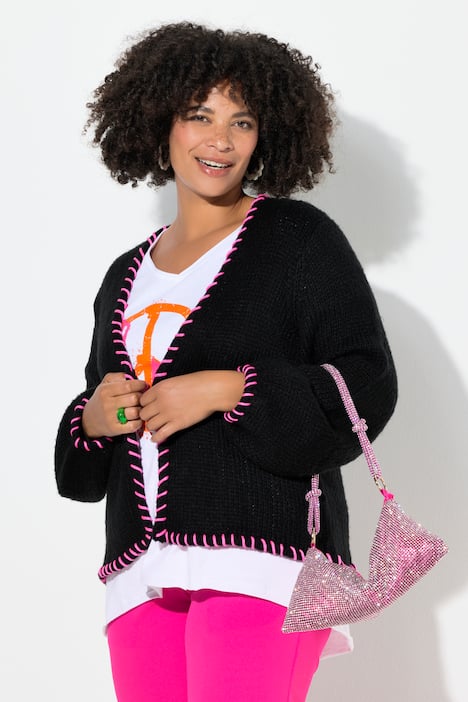 Strickjacke, Straight Fit, Zierkanten, Ballonärmel