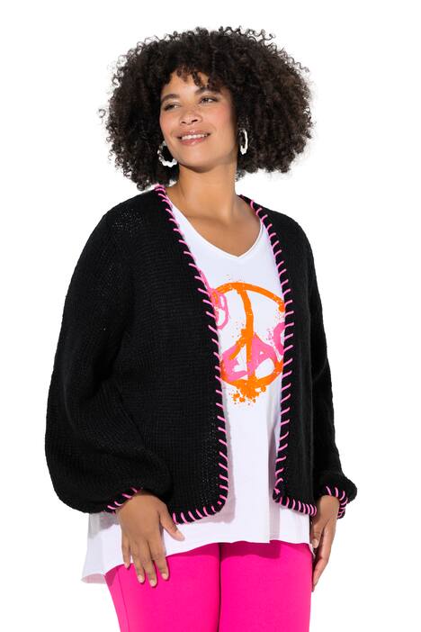 Rozepínací svetr, rovný střih, ozdobné okraje, balónové rukávy