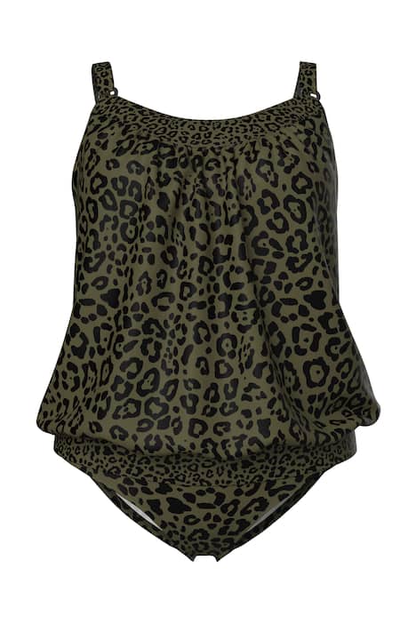 Tankini, leopardí vzor, měkké košíčky, elastický lem, nastavitelná ramínka podprsenky